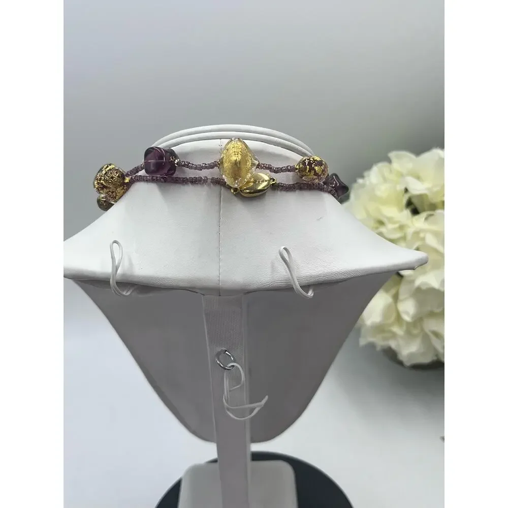 Purple Gold Foil Leaf Beaded Murano Vintage Glass Bead Embossed Brass Necklace‎